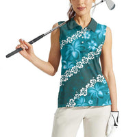 Vintage Dark Cyan Polynesia Women Sleeveless Polo Shirt Plumeria With Hibiscus Tropical Vibes LT14 - Polynesian Pride