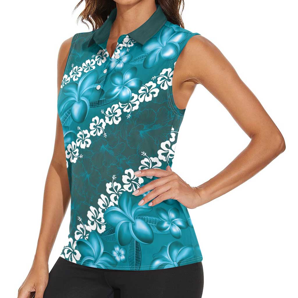 Vintage Dark Cyan Polynesia Women Sleeveless Polo Shirt Plumeria With Hibiscus Tropical Vibes LT14 - Polynesian Pride
