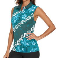 Vintage Dark Cyan Polynesia Women Sleeveless Polo Shirt Plumeria With Hibiscus Tropical Vibes LT14 - Polynesian Pride