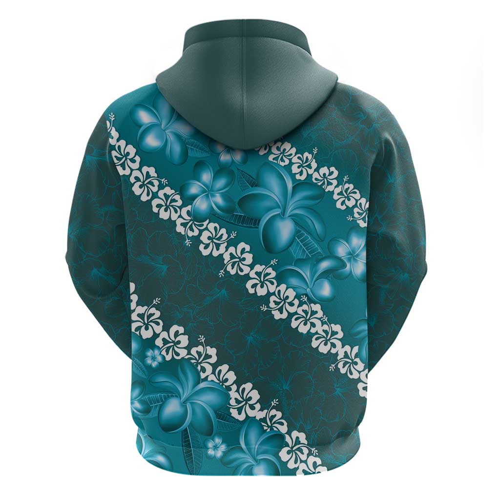 Vintage Dark Cyan Polynesia Zip Hoodie Plumeria With Hibiscus Tropical Vibes