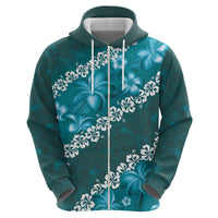 Vintage Dark Cyan Polynesia Zip Hoodie Plumeria With Hibiscus Tropical Vibes