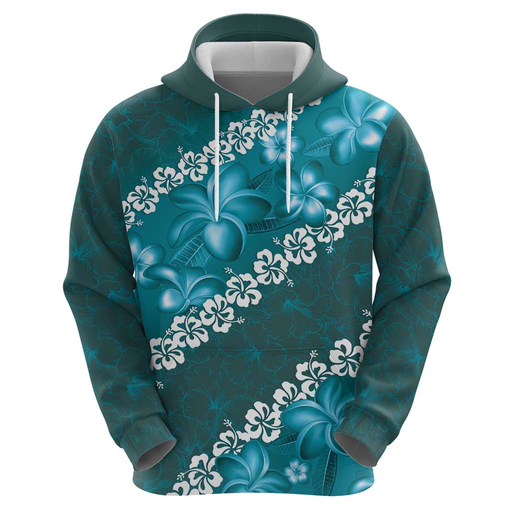 Vintage Dark Cyan Polynesia Zip Hoodie Plumeria With Hibiscus Tropical Vibes