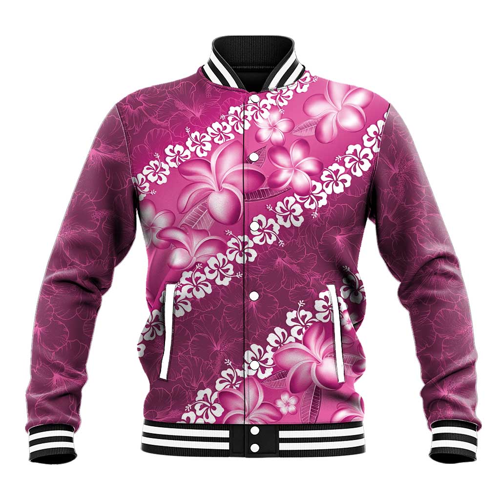 Vintage Pink Polynesia Baseball Jacket Plumeria With Hibiscus Tropical Vibes