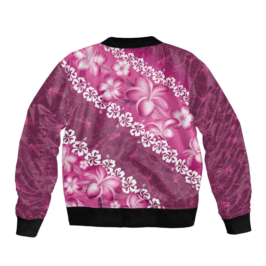 Vintage Pink Polynesia Bomber Jacket Plumeria With Hibiscus Tropical Vibes