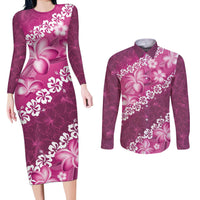 Vintage Pink Polynesia Couples Matching Long Sleeve Bodycon Dress and Long Sleeve Button Shirt Plumeria With Hibiscus Tropical Vibes