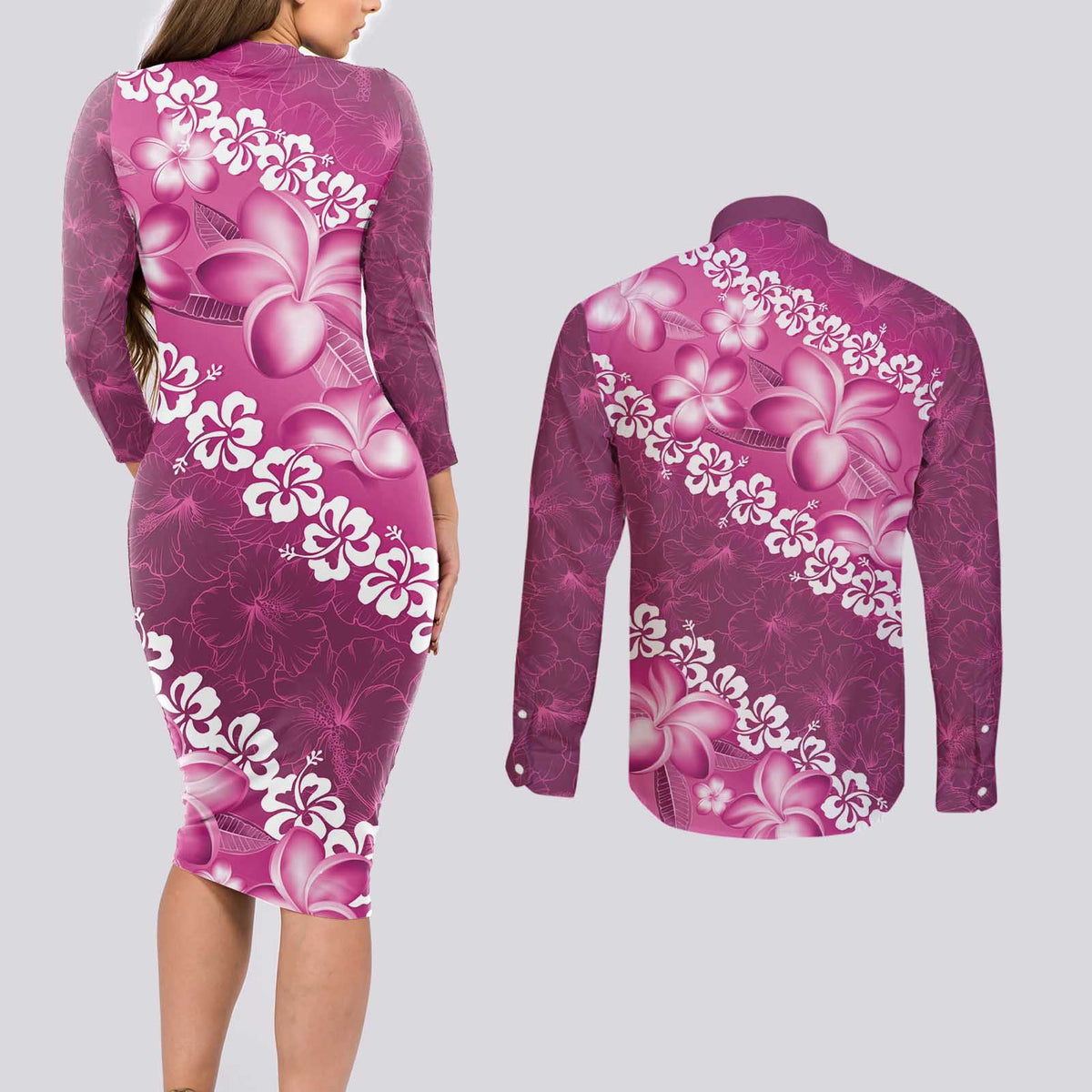 Vintage Pink Polynesia Couples Matching Long Sleeve Bodycon Dress and Long Sleeve Button Shirt Plumeria With Hibiscus Tropical Vibes
