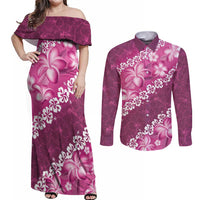 Vintage Pink Polynesia Couples Matching Off Shoulder Maxi Dress and Long Sleeve Button Shirt Plumeria With Hibiscus Tropical Vibes