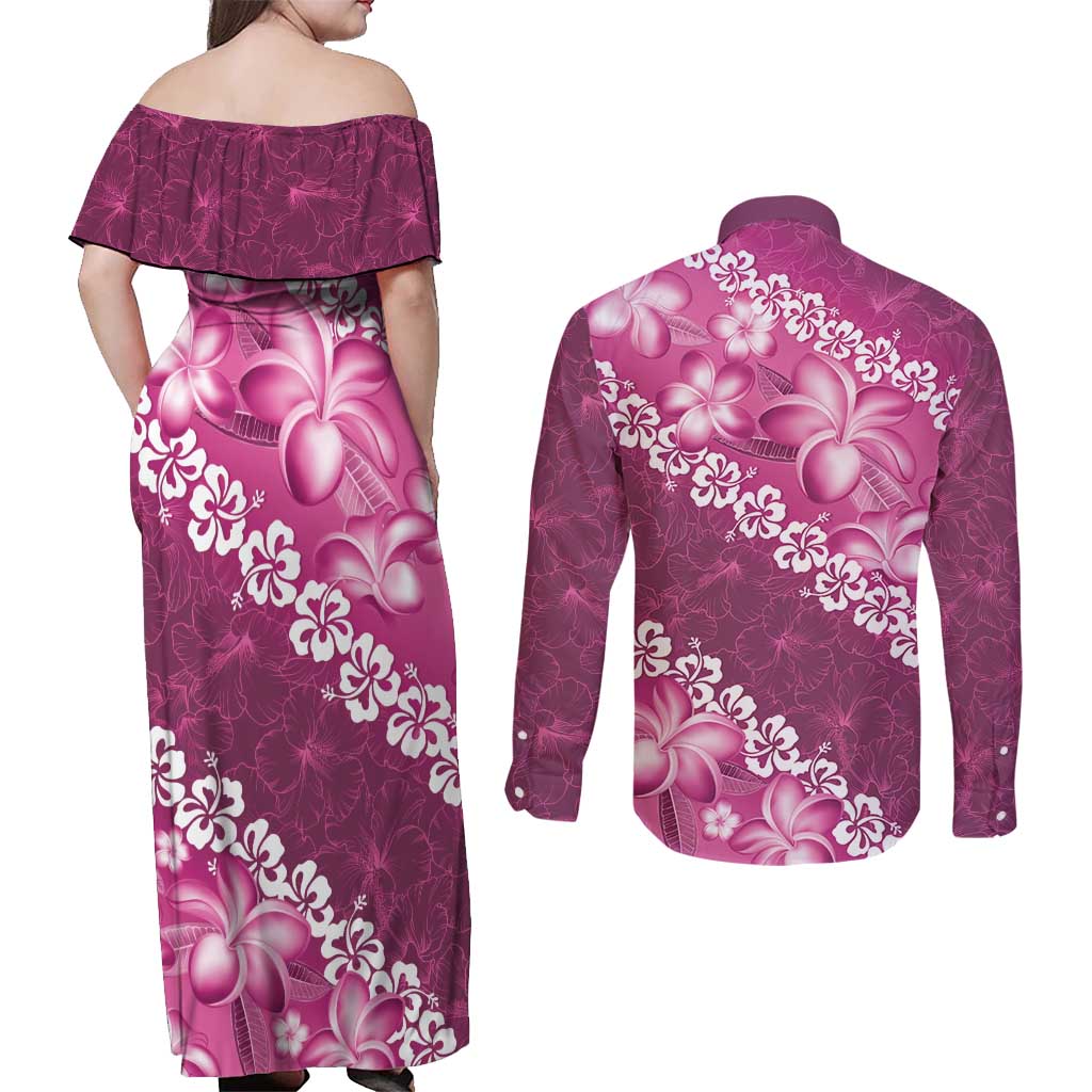 Vintage Pink Polynesia Couples Matching Off Shoulder Maxi Dress and Long Sleeve Button Shirt Plumeria With Hibiscus Tropical Vibes