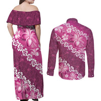 Vintage Pink Polynesia Couples Matching Off Shoulder Maxi Dress and Long Sleeve Button Shirt Plumeria With Hibiscus Tropical Vibes