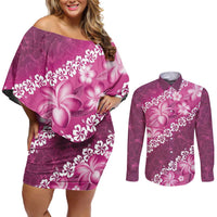 Vintage Pink Polynesia Couples Matching Off Shoulder Short Dress and Long Sleeve Button Shirt Plumeria With Hibiscus Tropical Vibes