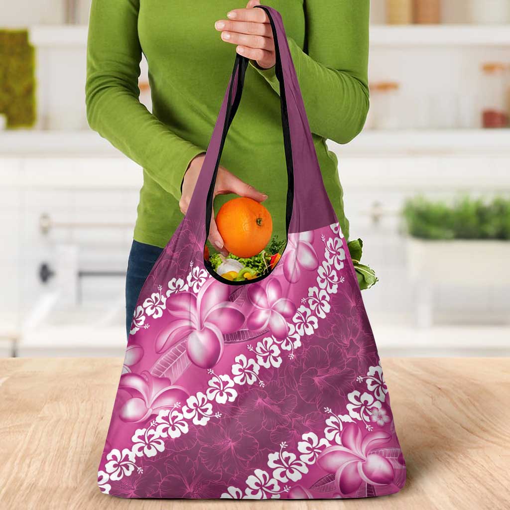 Vintage Pink Polynesia Grocery Bag Plumeria With Hibiscus Tropical Vibes