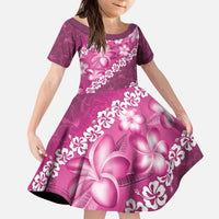 Vintage Pink Polynesia Kid Short Sleeve Dress Plumeria With Hibiscus Tropical Vibes