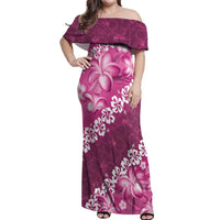 Vintage Pink Polynesia Off Shoulder Maxi Dress Plumeria With Hibiscus Tropical Vibes