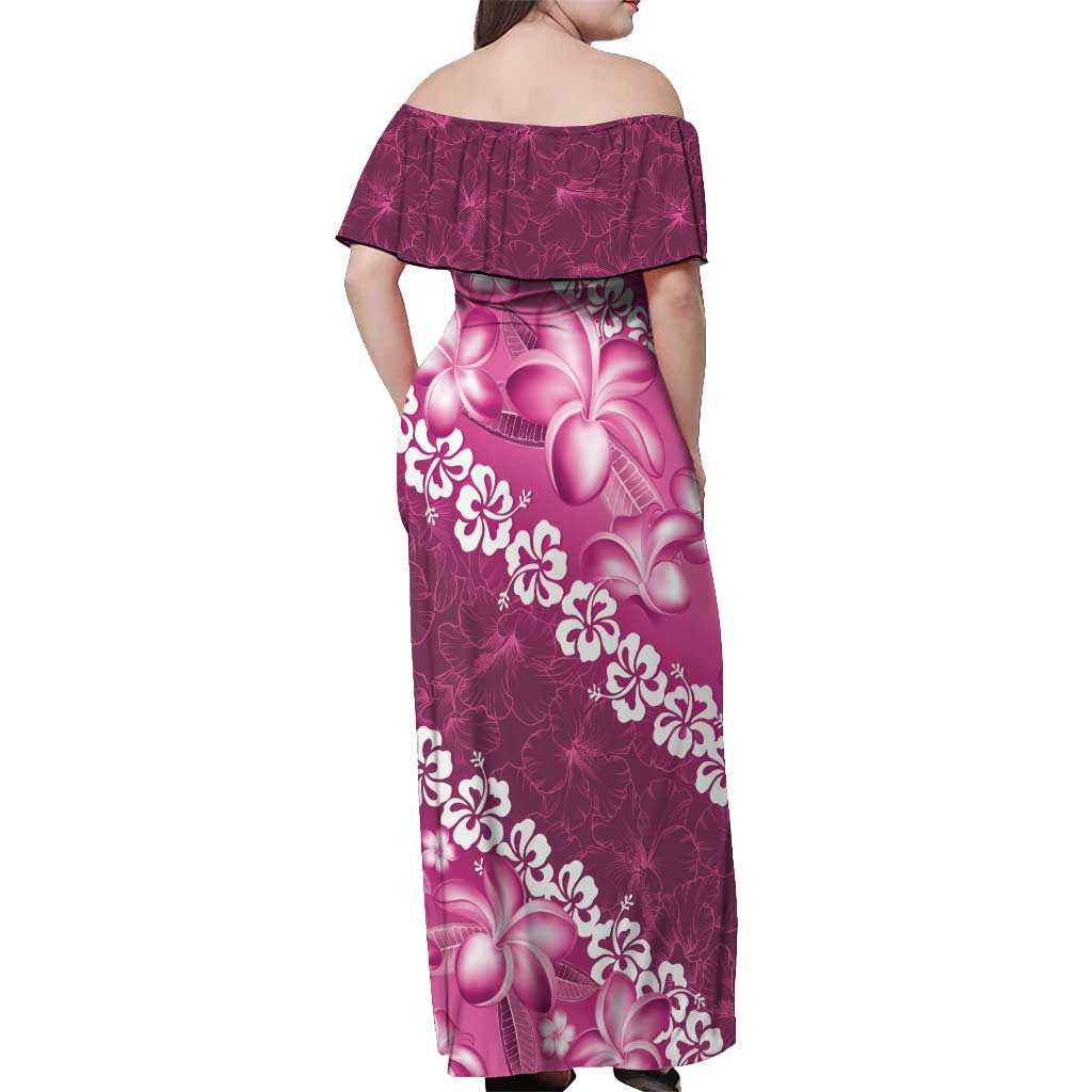Vintage Pink Polynesia Off Shoulder Maxi Dress Plumeria With Hibiscus Tropical Vibes