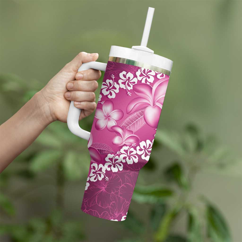 Vintage Pink Polynesia Tumbler With Handle Plumeria With Hibiscus Tropical Vibes LT14 - Polynesian Pride