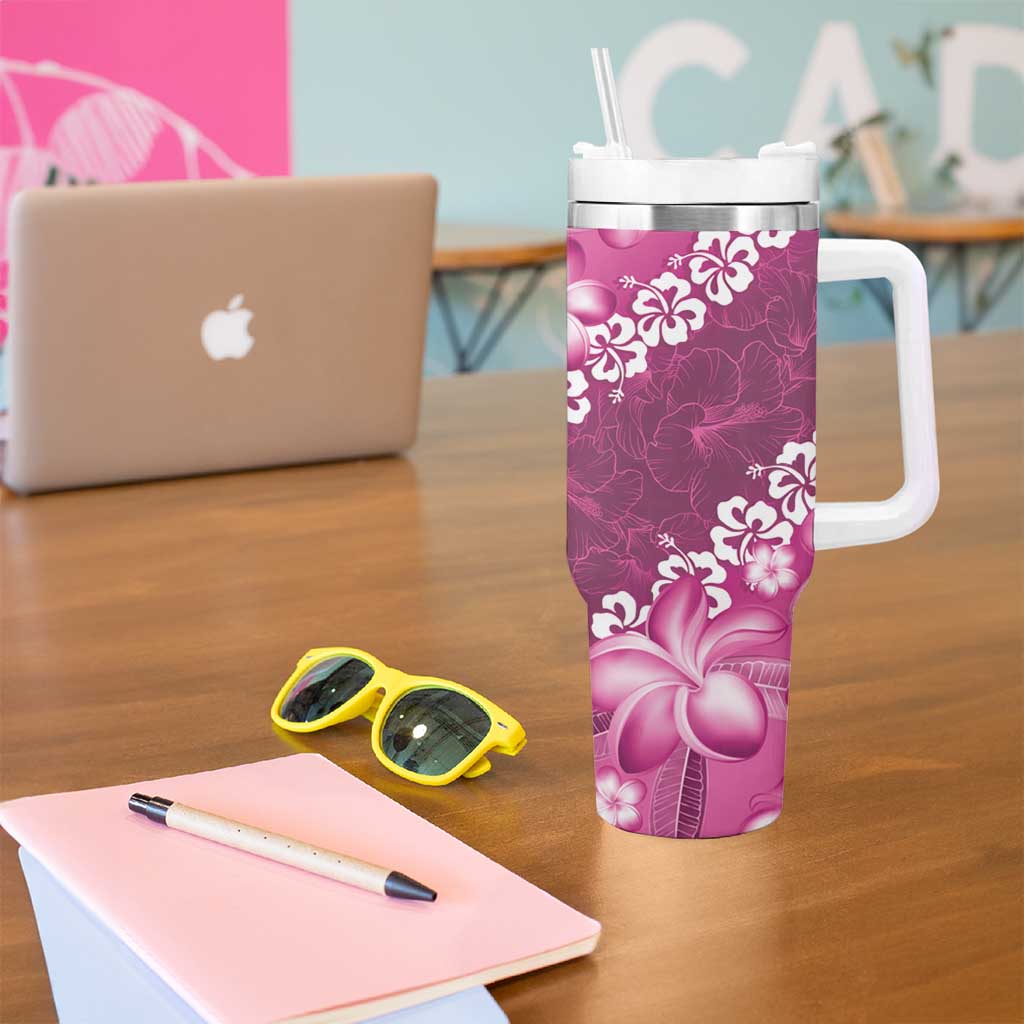 Vintage Pink Polynesia Tumbler With Handle Plumeria With Hibiscus Tropical Vibes LT14 - Polynesian Pride