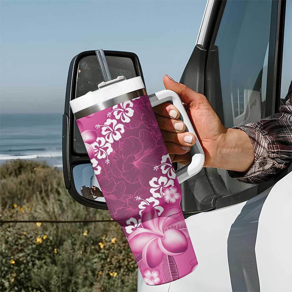 Vintage Pink Polynesia Tumbler With Handle Plumeria With Hibiscus Tropical Vibes LT14 - Polynesian Pride