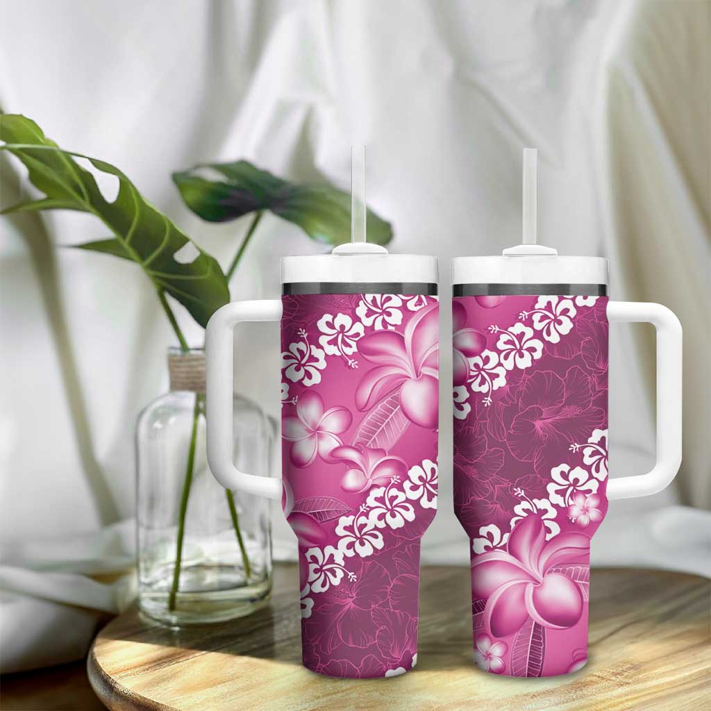Vintage Pink Polynesia Tumbler With Handle Plumeria With Hibiscus Tropical Vibes LT14 - Polynesian Pride