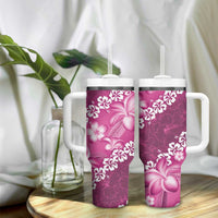 Vintage Pink Polynesia Tumbler With Handle Plumeria With Hibiscus Tropical Vibes LT14 - Polynesian Pride