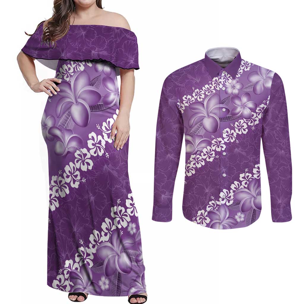 Vintage Purple Polynesia Couples Matching Off Shoulder Maxi Dress and Long Sleeve Button Shirt Plumeria With Hibiscus Tropical Vibes