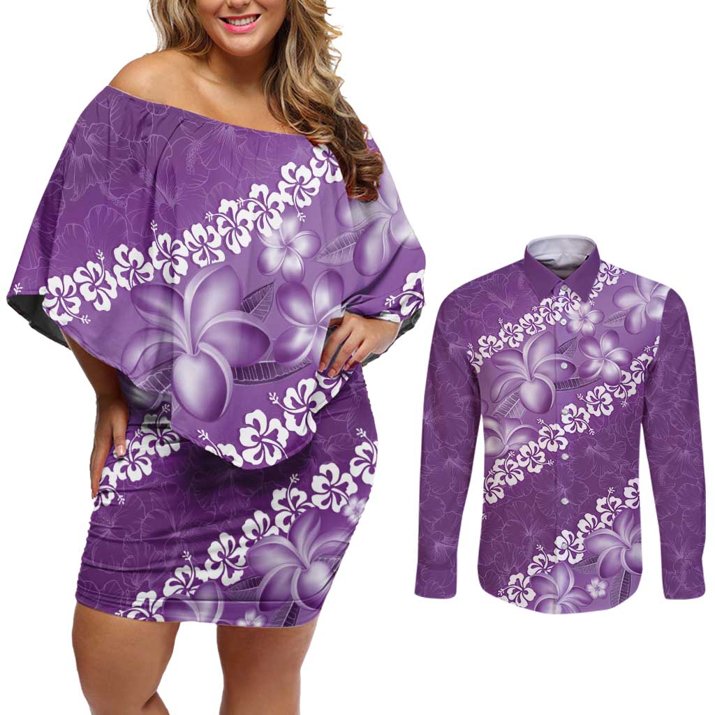 Vintage Purple Polynesia Couples Matching Off Shoulder Short Dress and Long Sleeve Button Shirt Plumeria With Hibiscus Tropical Vibes