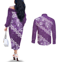 Vintage Purple Polynesia Couples Matching Off The Shoulder Long Sleeve Dress and Long Sleeve Button Shirt Plumeria With Hibiscus Tropical Vibes