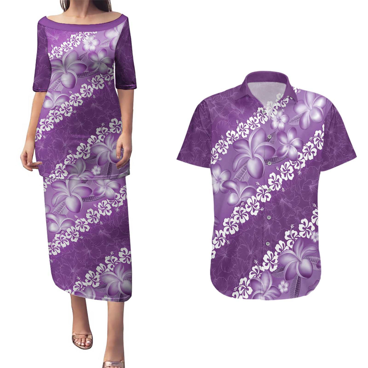 Vintage Purple Polynesia Couples Matching Puletasi and Hawaiian Shirt Plumeria With Hibiscus Tropical Vibes LT14 Purple - Polynesian Pride