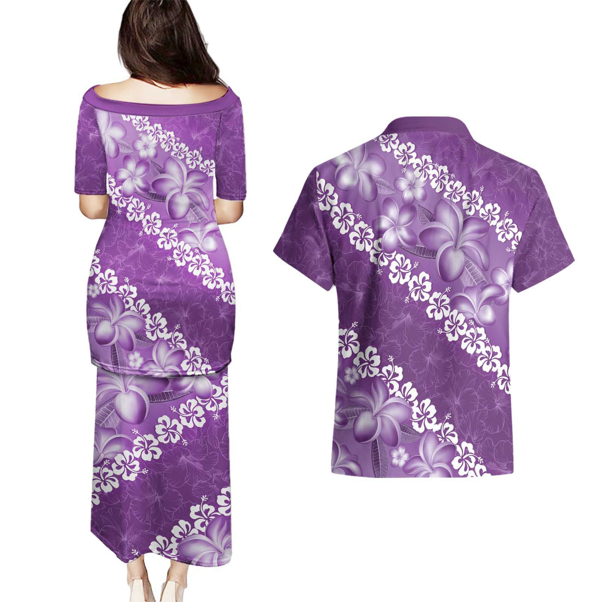 Vintage Purple Polynesia Couples Matching Puletasi and Hawaiian Shirt Plumeria With Hibiscus Tropical Vibes LT14 - Polynesian Pride