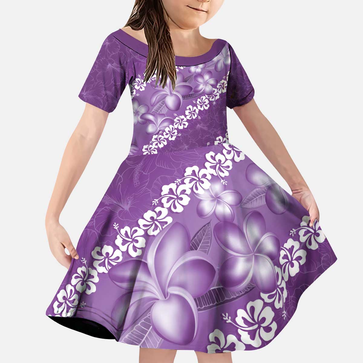 Vintage Purple Polynesia Kid Short Sleeve Dress Plumeria With Hibiscus Tropical Vibes LT14 KID Purple - Polynesian Pride