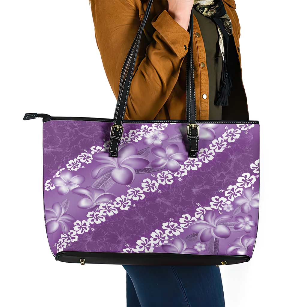 Vintage Purple Polynesia Leather Tote Bag Plumeria With Hibiscus Tropical Vibes