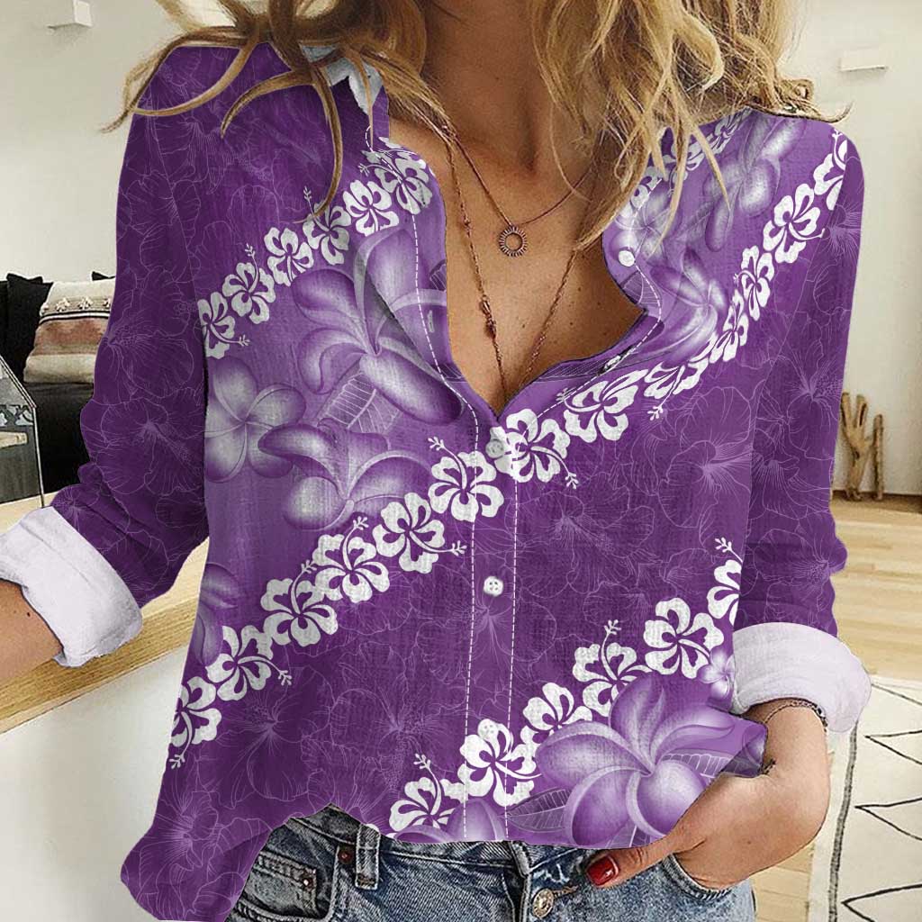 Vintage Purple Polynesia Women Casual Shirt Plumeria With Hibiscus Tropical Vibes