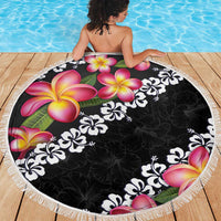 Black Polynesia Beach Blanket Plumeria With Hibiscus Pattern Tropical Vibes