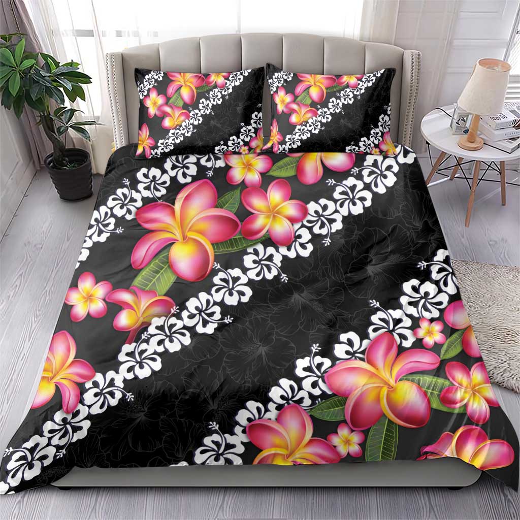 Black Polynesia Bedding Set Plumeria With Hibiscus Pattern Tropical Vibes LT14 - Polynesian Pride