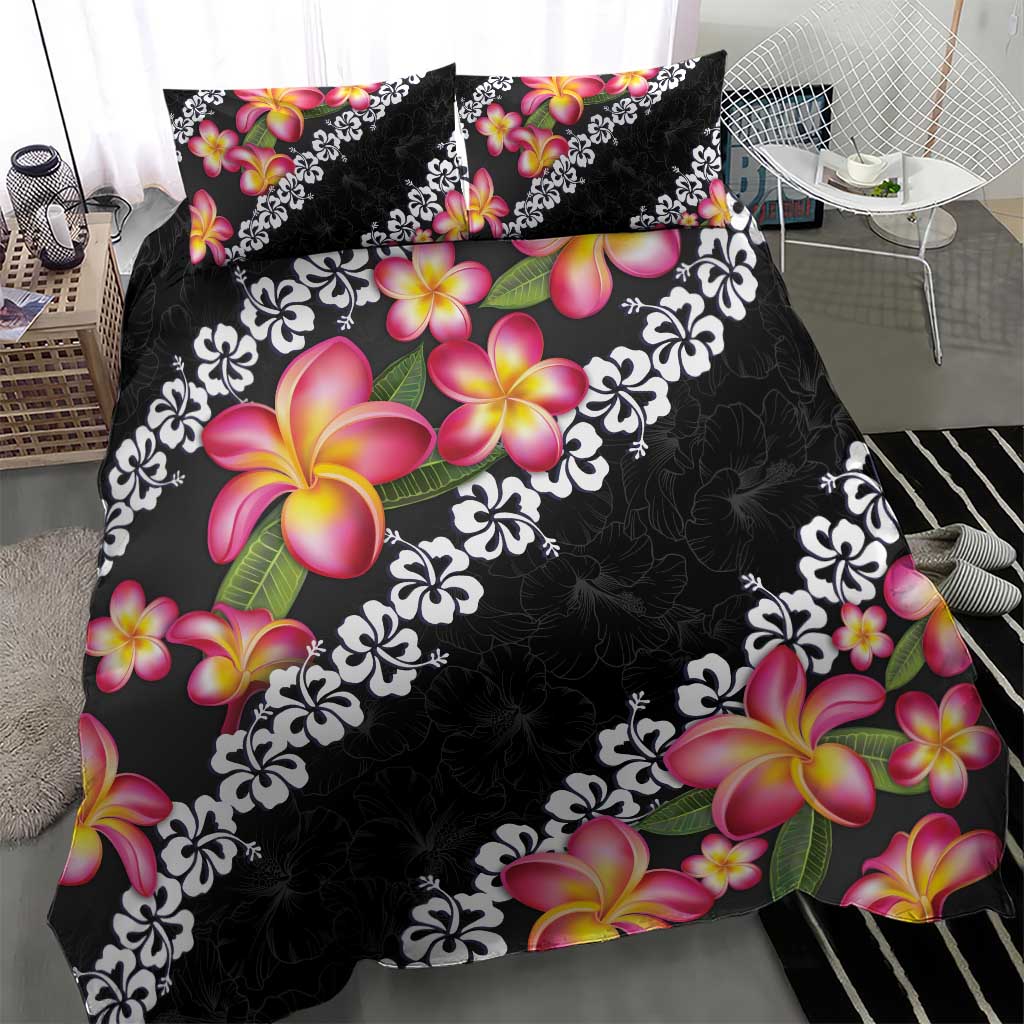 Black Polynesia Bedding Set Plumeria With Hibiscus Pattern Tropical Vibes LT14 - Polynesian Pride