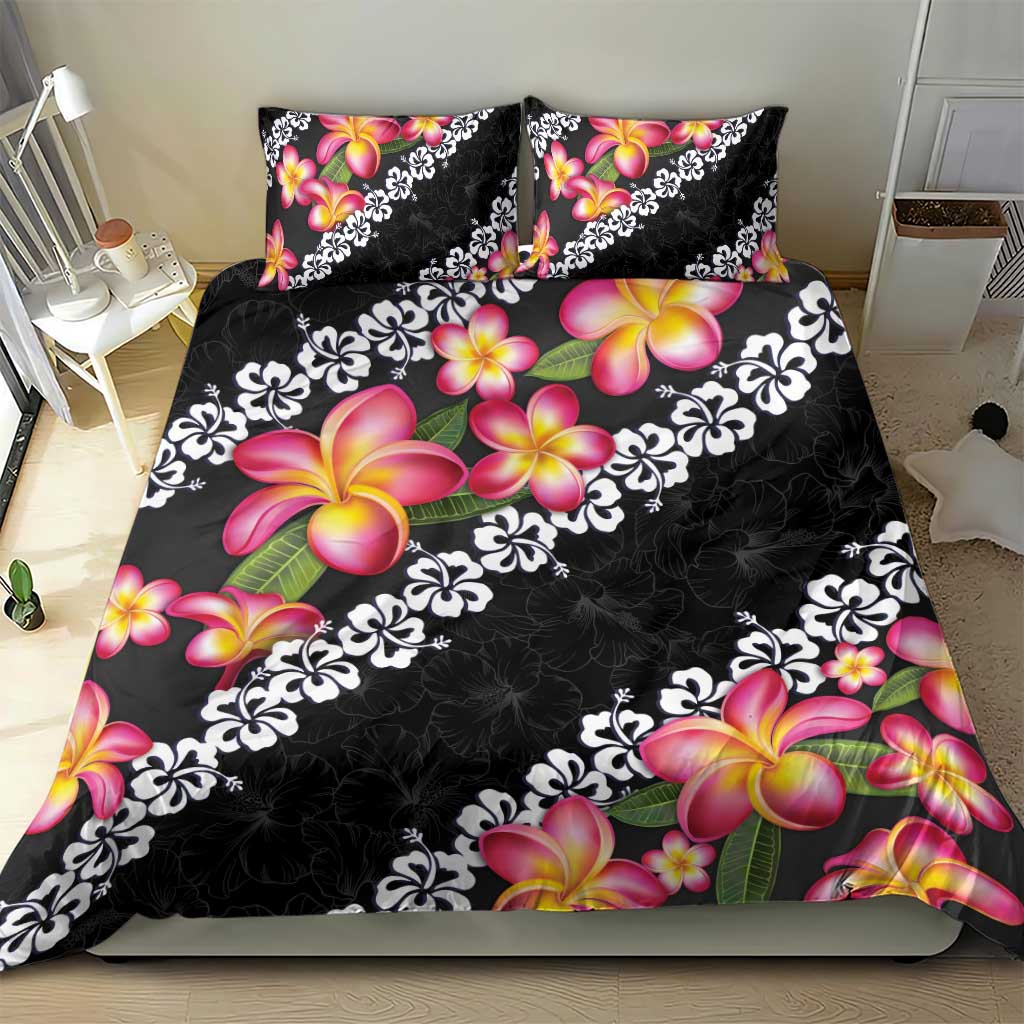 Black Polynesia Bedding Set Plumeria With Hibiscus Pattern Tropical Vibes LT14 - Polynesian Pride