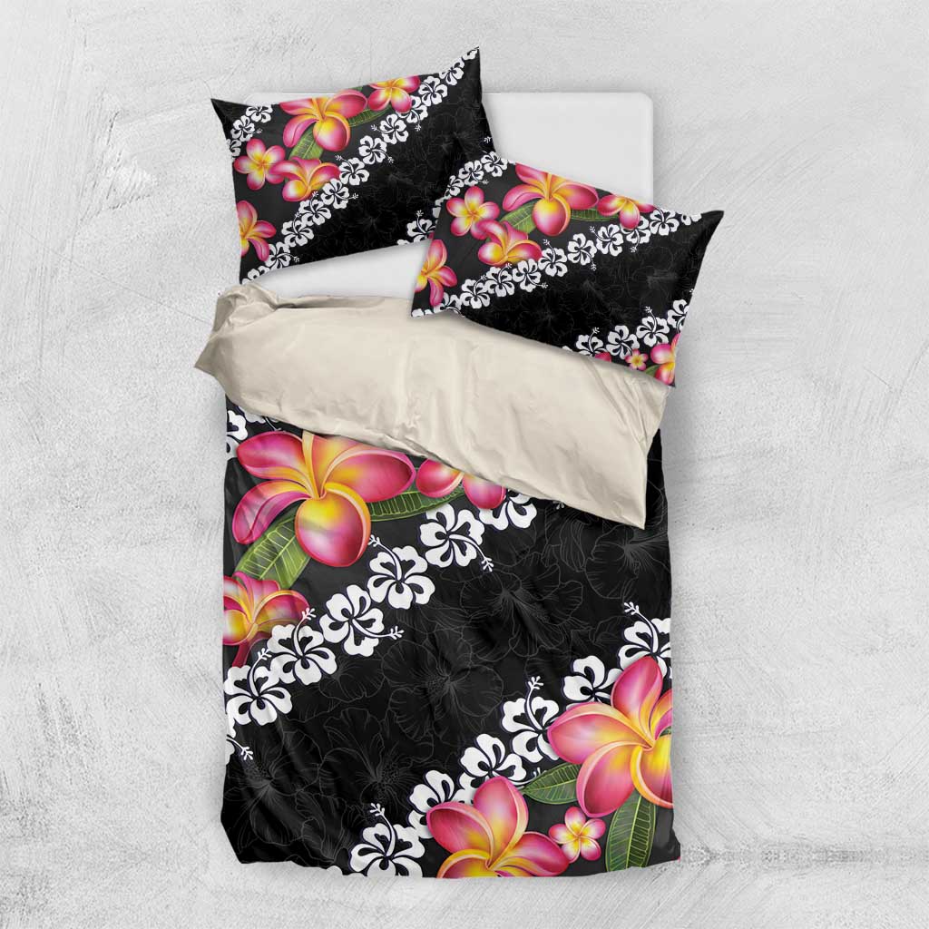 Black Polynesia Bedding Set Plumeria With Hibiscus Pattern Tropical Vibes LT14 US Twin 172cm x 218cm Black - Polynesian Pride