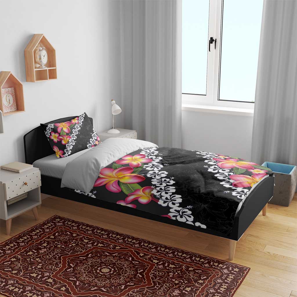 Black Polynesia Bedding Set Plumeria With Hibiscus Pattern Tropical Vibes LT14 - Polynesian Pride