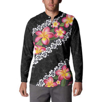 Black Polynesia Button Sweatshirt Plumeria With Hibiscus Pattern Tropical Vibes LT14 - Polynesian Pride