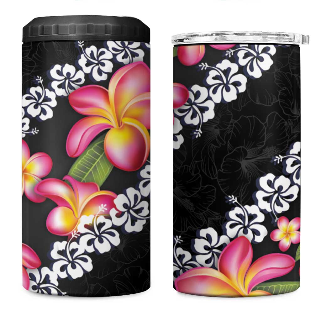 Black Polynesia 4 in 1 Can Cooler Tumbler Plumeria With Hibiscus Pattern Tropical Vibes