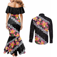 Black Polynesia Couples Matching Mermaid Dress and Long Sleeve Button Shirt Plumeria With Hibiscus Pattern Tropical Vibes LT14 - Polynesian Pride
