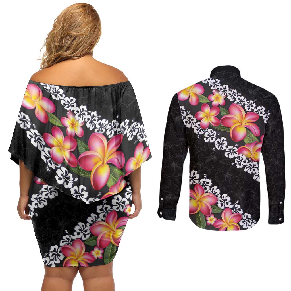Black Polynesia Couples Matching Off Shoulder Short Dress and Long Sleeve Button Shirt Plumeria With Hibiscus Pattern Tropical Vibes LT14 - Polynesian Pride