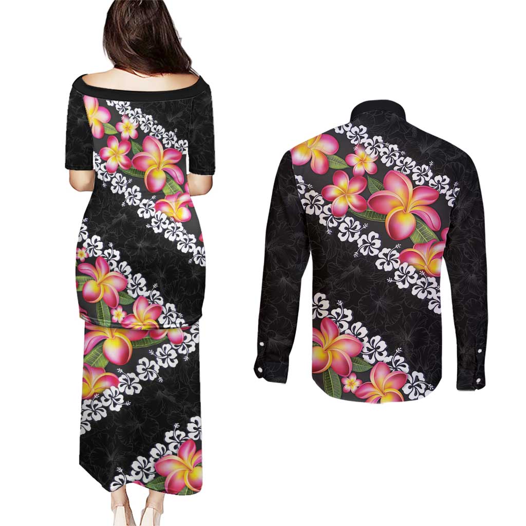 Black Polynesia Couples Matching Puletasi and Long Sleeve Button Shirt Plumeria With Hibiscus Pattern Tropical Vibes