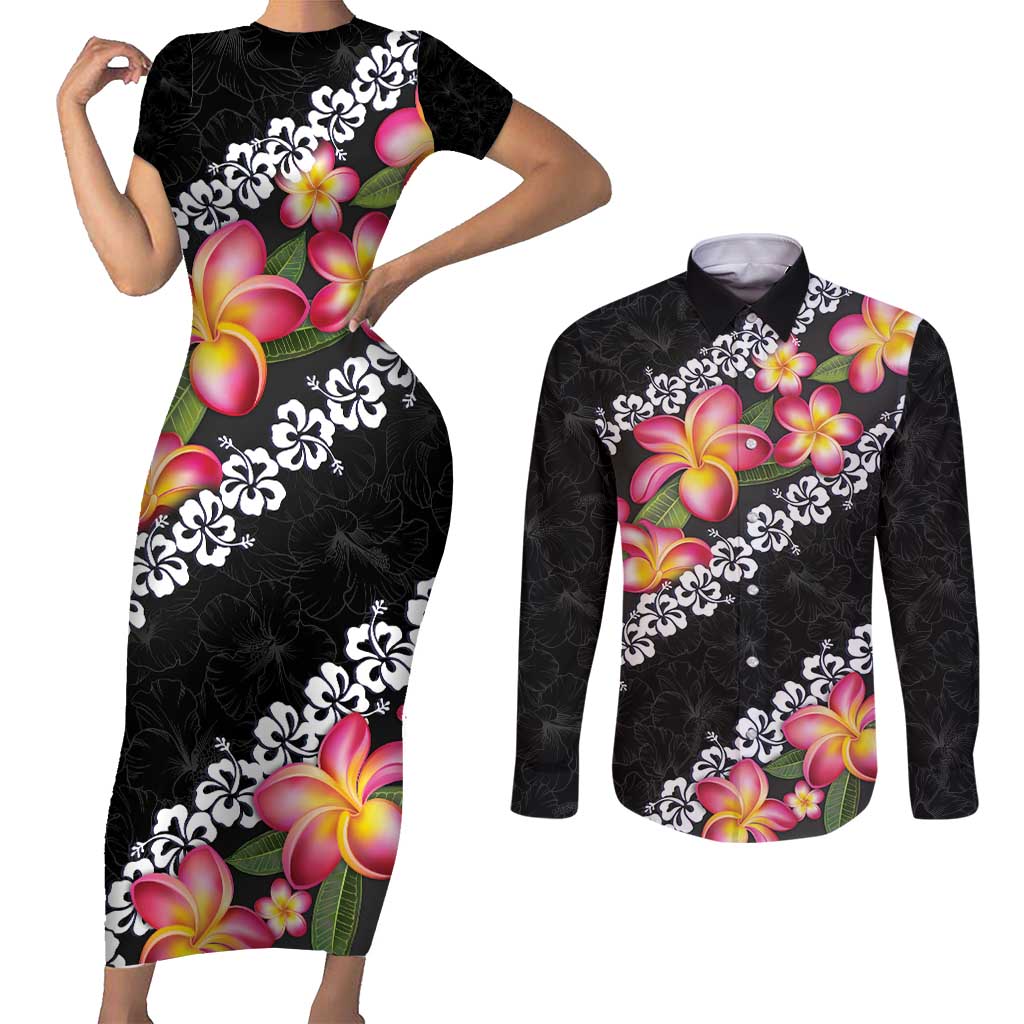 Black Polynesia Couples Matching Short Sleeve Bodycon Dress and Long Sleeve Button Shirt Plumeria With Hibiscus Pattern Tropical Vibes