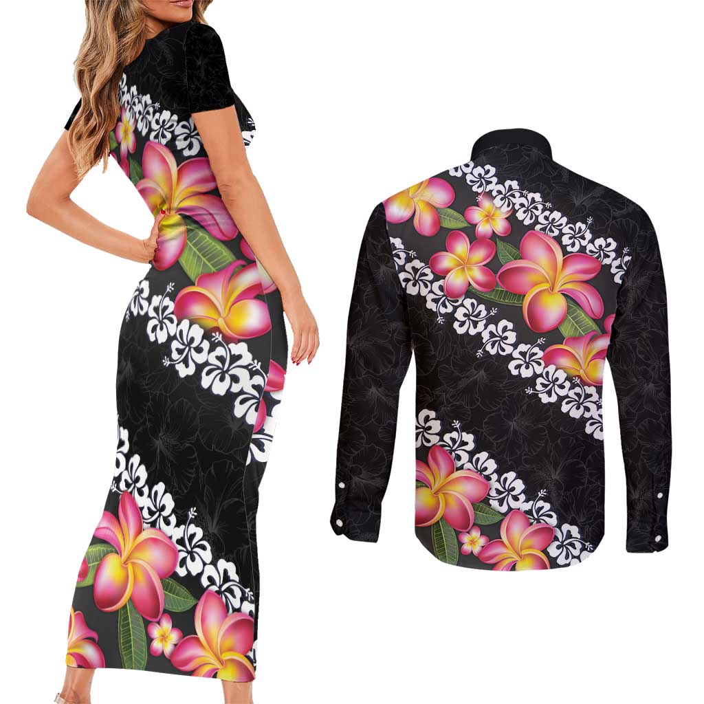 Black Polynesia Couples Matching Short Sleeve Bodycon Dress and Long Sleeve Button Shirt Plumeria With Hibiscus Pattern Tropical Vibes LT14 - Polynesian Pride
