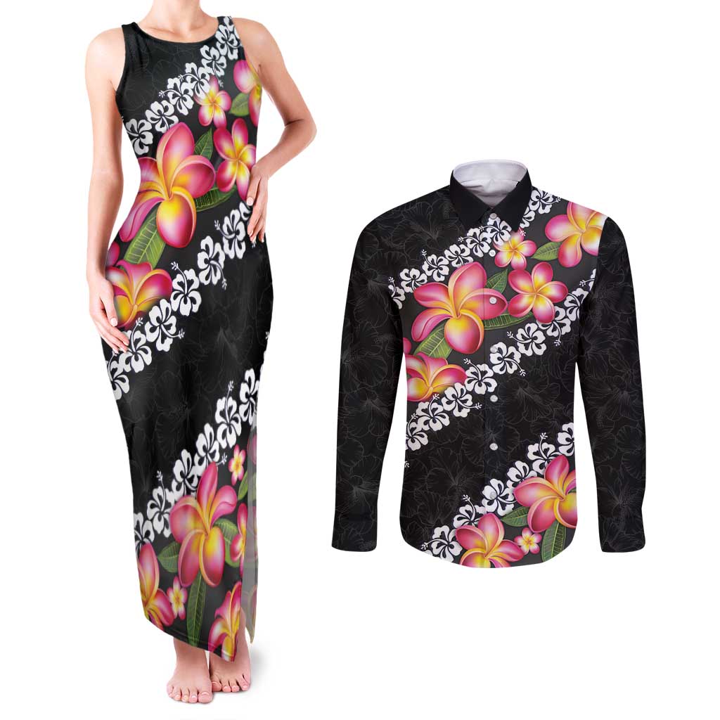 Black Polynesia Couples Matching Tank Maxi Dress and Long Sleeve Button Shirt Plumeria With Hibiscus Pattern Tropical Vibes