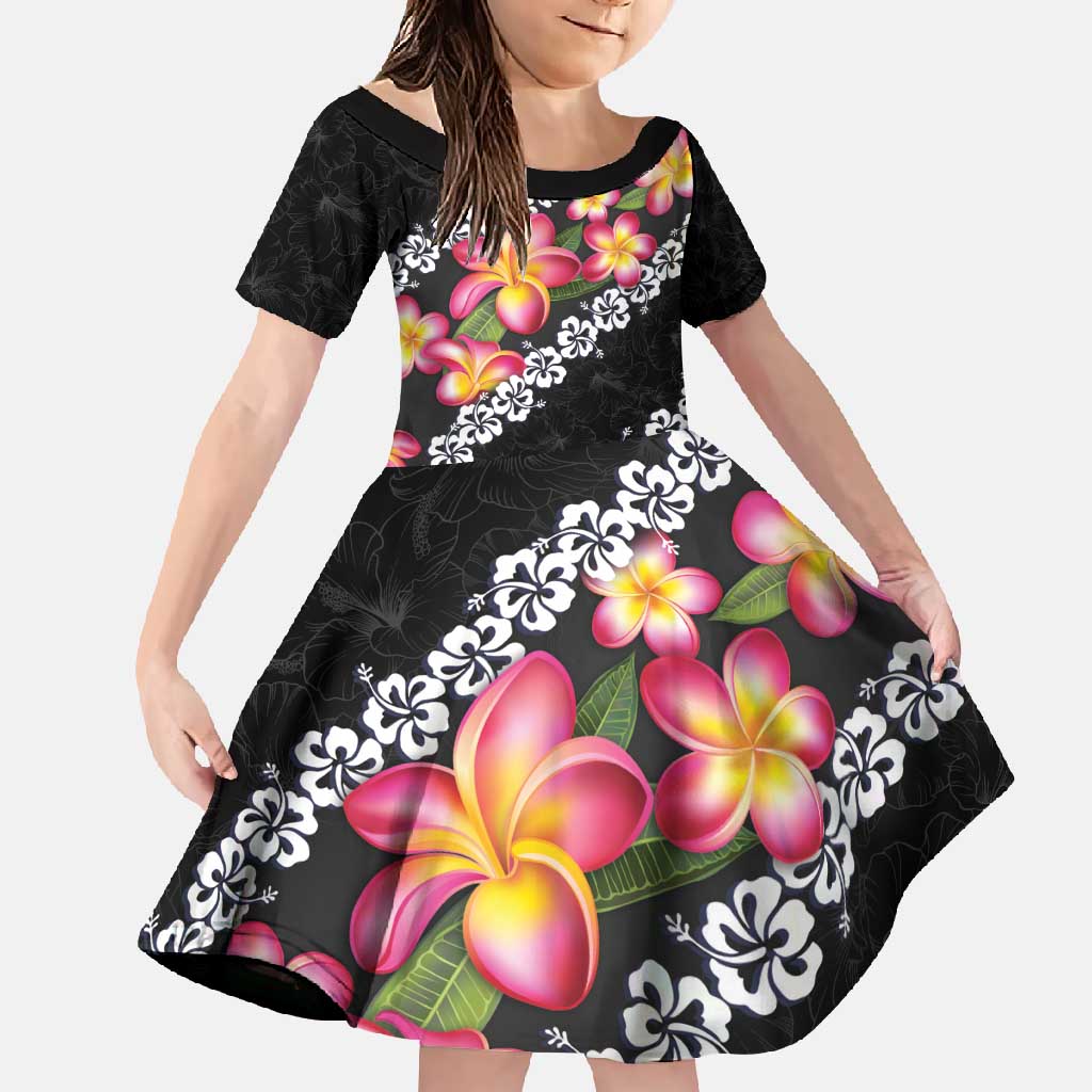 Black Polynesia Family Matching Long Sleeve Bodycon Dress and Hawaiian Shirt Plumeria With Hibiscus Pattern Tropical Vibes LT14 Daughter's Dress Black - Polynesian Pride