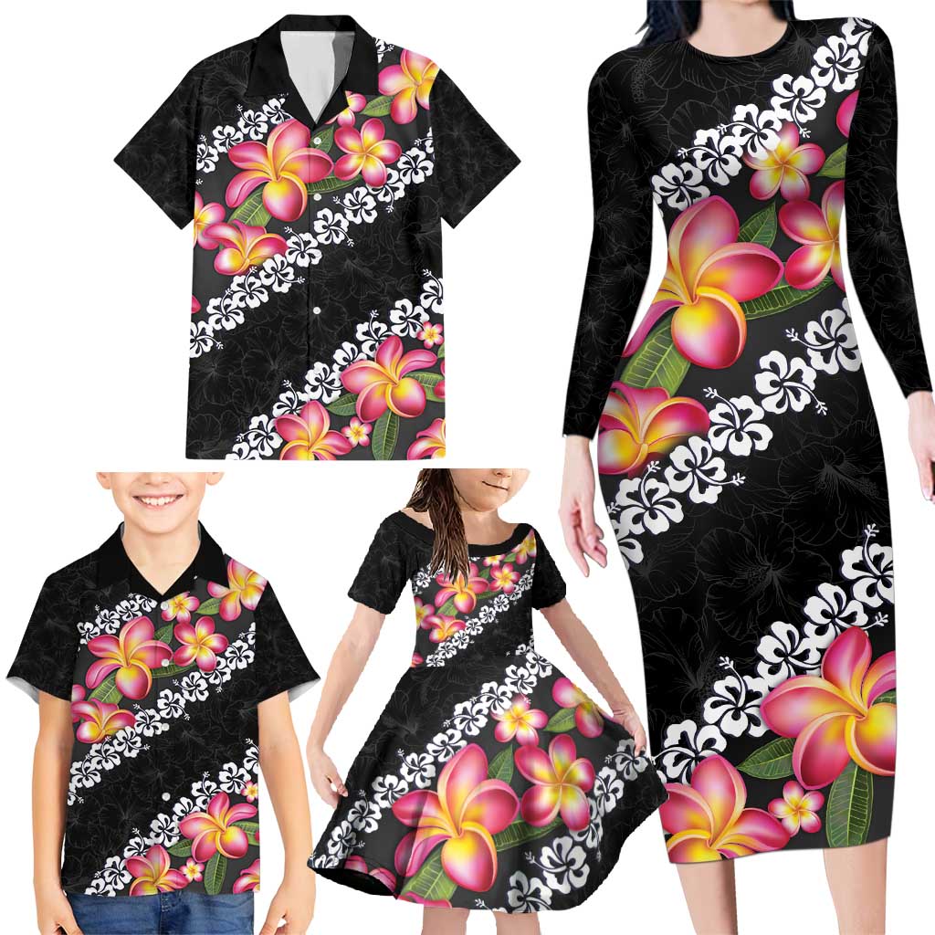 Black Polynesia Family Matching Long Sleeve Bodycon Dress and Hawaiian Shirt Plumeria With Hibiscus Pattern Tropical Vibes LT14 - Polynesian Pride