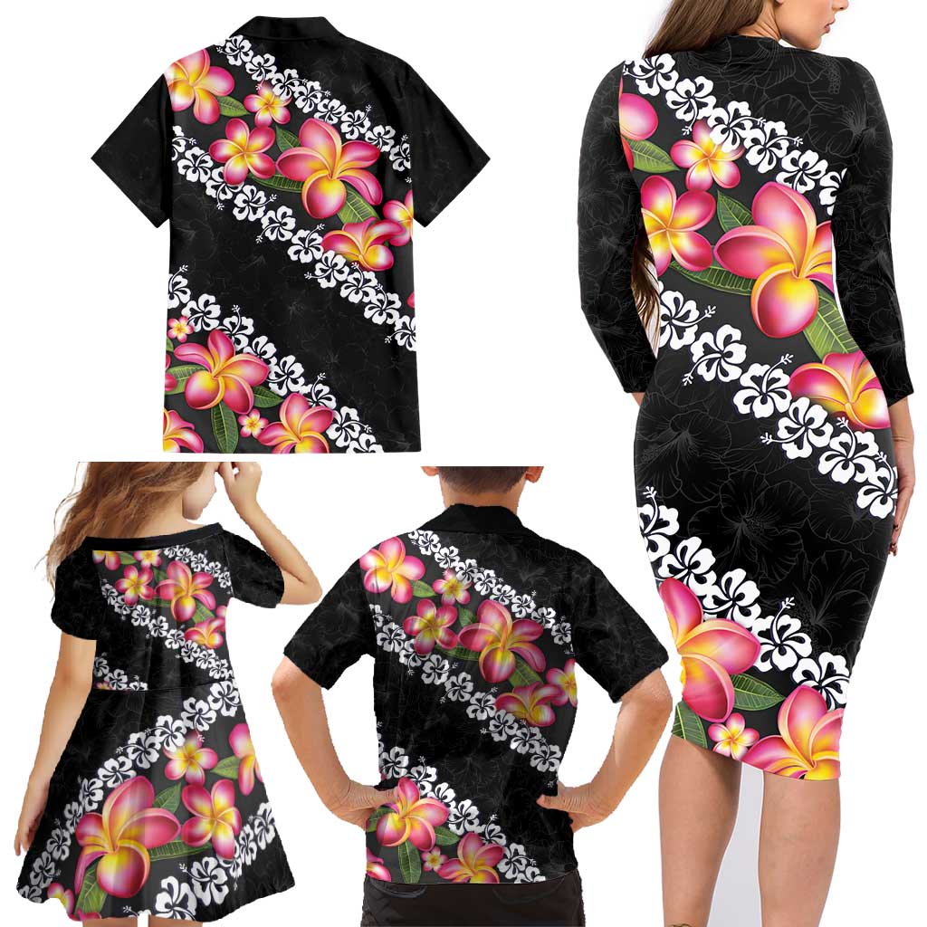 Black Polynesia Family Matching Long Sleeve Bodycon Dress and Hawaiian Shirt Plumeria With Hibiscus Pattern Tropical Vibes LT14 - Polynesian Pride