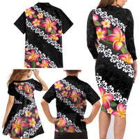Black Polynesia Family Matching Long Sleeve Bodycon Dress and Hawaiian Shirt Plumeria With Hibiscus Pattern Tropical Vibes LT14 - Polynesian Pride