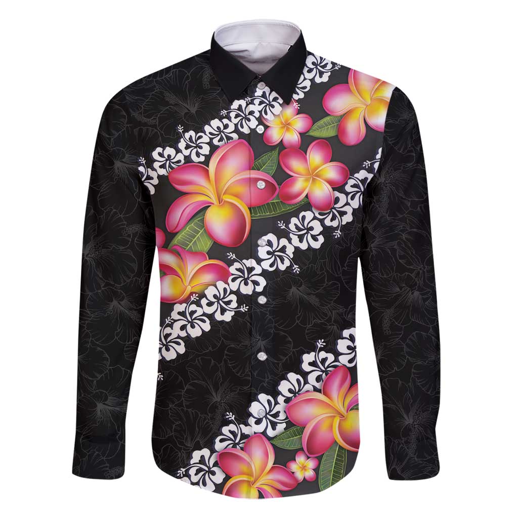 Black Polynesia Family Matching Long Sleeve Bodycon Dress and Hawaiian Shirt Plumeria With Hibiscus Pattern Tropical Vibes LT14 Dad's Shirt - Long Sleeve Black - Polynesian Pride
